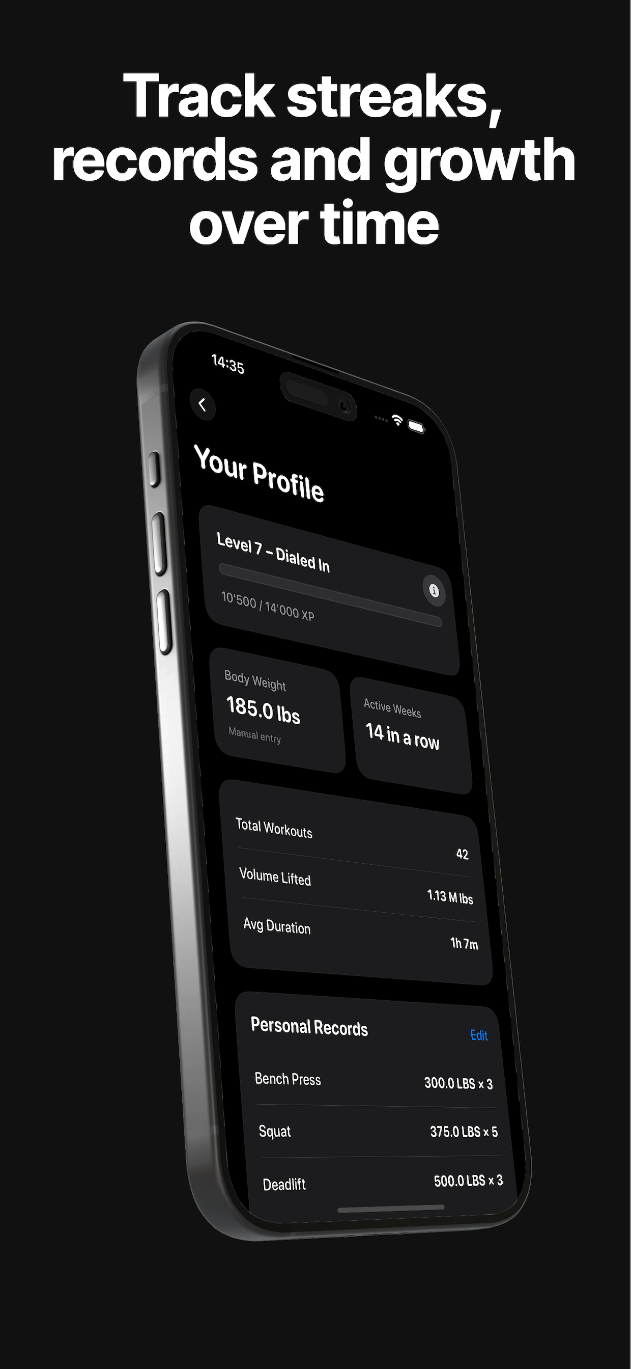 Forma profile screen with stats, records, and progress tracking